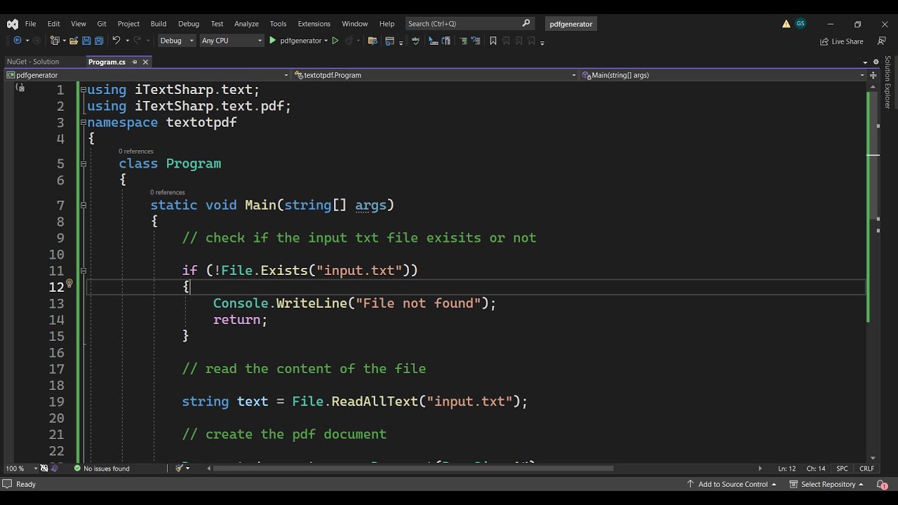 C# .NET Project to Convert Text File to PDF Document Using iTextSharp Library in Terminal