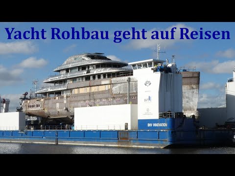 Rohbau LUXUS-YACHT „Project ACE21“ verlässt Bremerhaven auf Pontonschiff