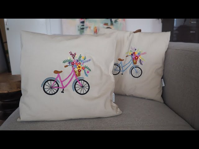 Fahrrad-Stickset mit Blumen – Sommerliches Kissen