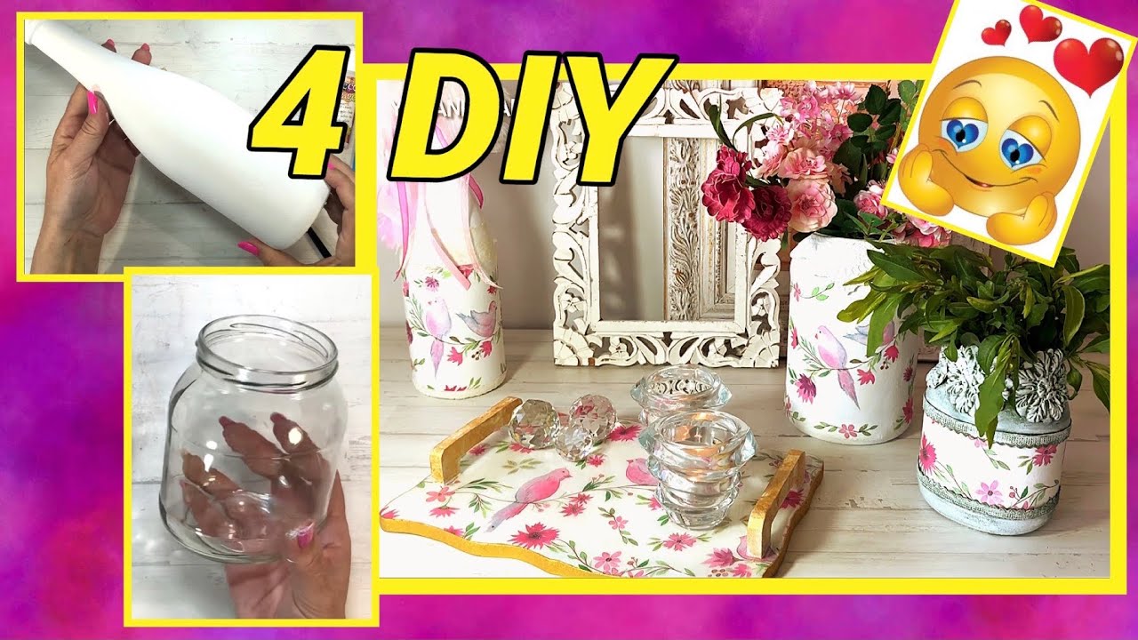 RECICLANDO BOTELLAS y FRASCOS ♻️ 4 IDEAS FÁCILES  Para Decorar Tu CASA / Reciclaje y Decoupage 😍