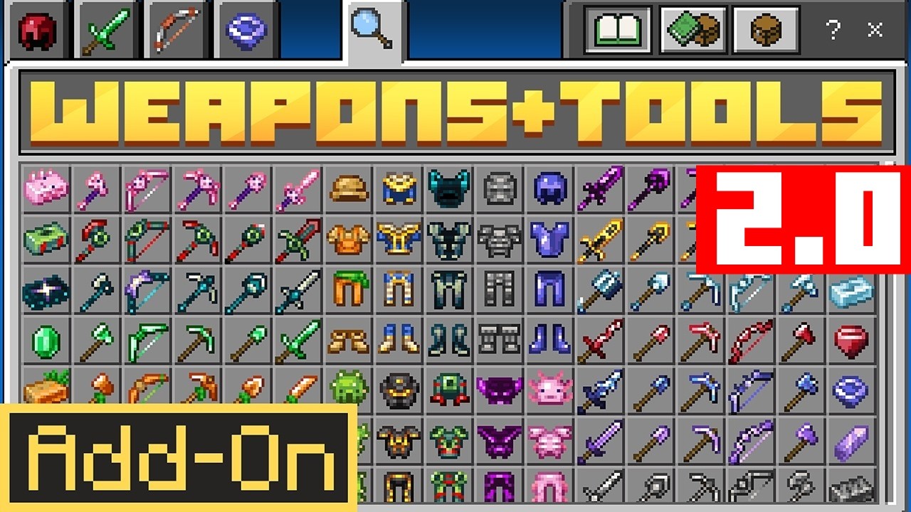 WEAPONS + TOOLS 2.0 ADDON Adds 15+ NEW Ores to Minecraft Bedrock Survival with 150+ Tools!