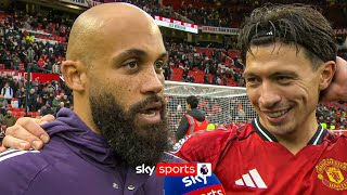 Bryan Mbeumo and Lisandro Martínez react to Man Utd win against Man City
