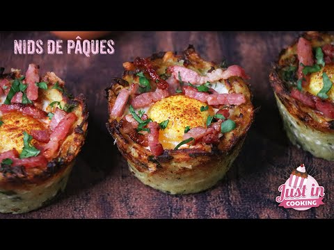 Savory potato nests with cheese, bacon, and egg