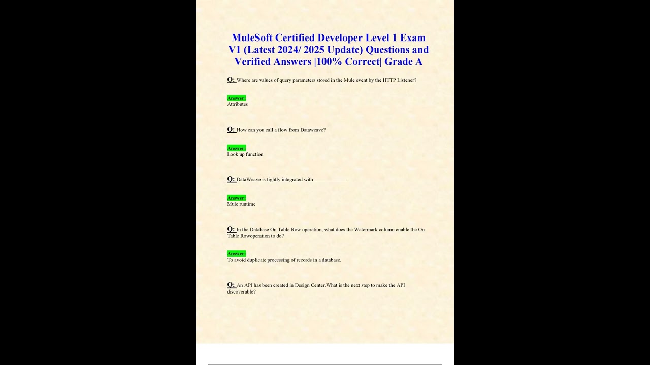 MULESOFT CERTIFIED DEVELOPER LEVEL 1 EXAM V1 LATEST 2024 2025 UPDATE QUESTIONS AND VERIFIED ANSWERS