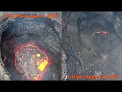 Inside volcano lava level comparison at 1 hour and at 15 minutes after overflow ceased