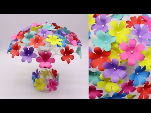 Plastic Bottle Flower Vase Craft | Home Decor Ideas | DIY Paper Flowers Guldasta