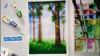 Easy Watercolor Forest Painting Tutorial Step by Step / Morning Sunrise in Forest / Paint It