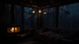 Warm Fireplace Burns in a Rainy Forest | Natural Cabin Sounds for Sleep and Calm