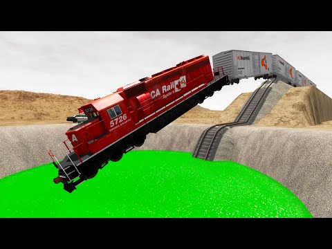 Dirty Green Water vs Trains vs Unfinished Railway  #16—Trains vs Giant Pit Deep Water — BeamNG.Drive