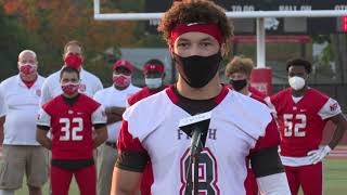 Fitch junior Thomas Williams speaks about racial justice before Friday&#39;s football game at NFA.