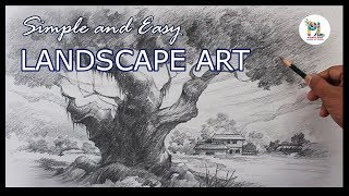 How to draw and shade a easy and simple Landscape for learners with pencil | Step by step