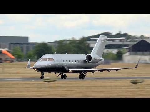 Bombardier Challenger 604 Greyscape G-REYS departure at Farnborough Airport FIA18