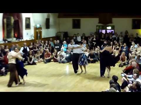  Homer Ladas,    Cristina Ladas,    Valeria Zunino,    Pablo Nievas,    Dario da Silva,    and  Claire da Silva  are  dancing  to  a  nontraditional song  by  Otros Aires  at  England International Tango Festival  in  2013