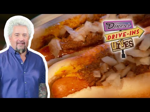 Guy Fieri Eats Hotdogs & "Crazy Meat Concoction" Sauce | Diners, Drive-Ins and Dives | Food Network
