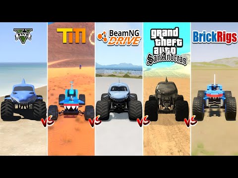 GTA 5 MEGALODON SHARK MONSTER JAM TRUCK vs BEAMNG vs BRICKRIGS vs GTA SA vs TRAILMAKERS