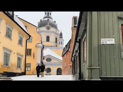 The historic heights of Södermalm, Stockholm. Relaxing walk in soft snowfall. 