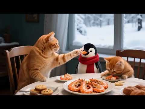 Ginger and Mama Cat Go Skiing and Rescue a Trapped Baby Penguin!Grilled Shrimp, and Snowy Fun!