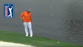 Rickie Fowler&#39;s ball rolls back into water after drop | Waste Management 2019