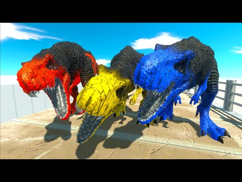BLUE T-REX vs RED T-REX vs YELLOW T-REX TRANSFORMERS DEATH RUN - Animal Revolt Battle Simulator