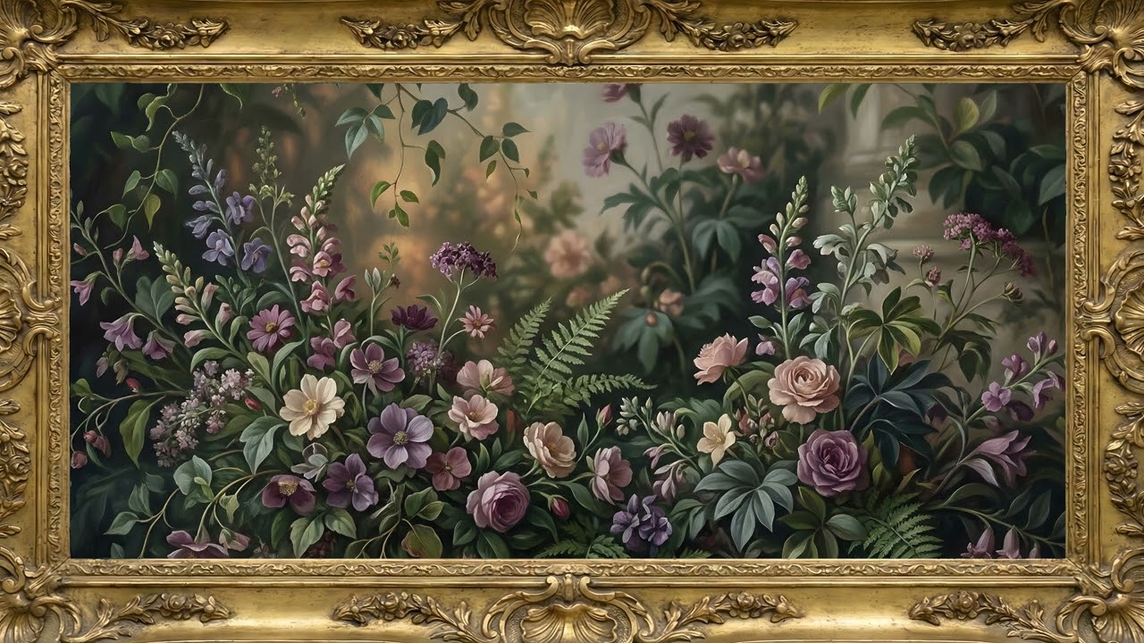 Moody Botanical Plants & Flowers Gold Frame Art | 2 Hours 4K — 4K ambient art screensaver in baroque gold frame