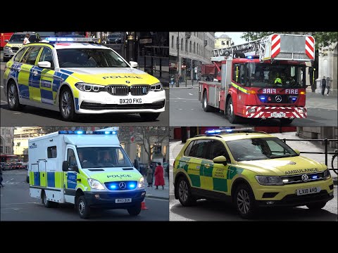 Police Cars, Fire Trucks and Ambulances responding in Trafalgar Square for 1 hour