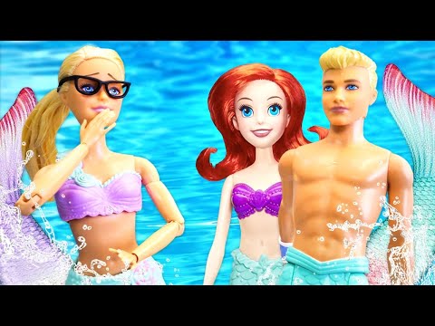Barbie mermaid dolls and Disney princess mermaid doll at the swimming pool for kids.