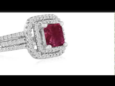 1 2/3ct Princess Cut Double Halo Ruby and Diamond Engagement Ring Crafted   in 14 Karat White Gol...