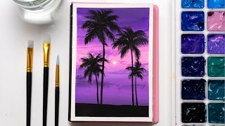 How to Draw an Easy Sunset Scenery | Gouache Painting for Beginners | Palm Tree Painting Tutorial