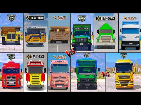 GIANT DUMP TRUCK VS HINO VS ELECTRIC VS MAN EURO IN GTA 5 VS TEARDOWN VS BEAM-NG -WHICH IS BEST ?