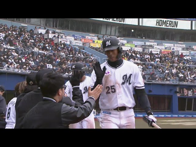 【4回裏】マリーンズ・岡大海 レフトへ2ランホームランを放ち点差を縮める!! 2025年3月11日 千葉ロッテマリーンズ 対 北海道日本ハムファイターズ