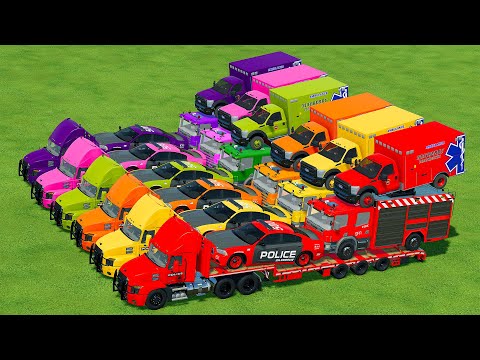 LOAD & TRANSPORT AMBULANCE, POLICE CARS, FIRE TRUCKS WITH POLICE TRUCKS - Farming Simulator 22