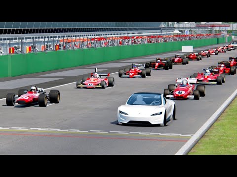 Telsa Roadster vs All Ferrari F1 Cars   Monza