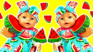 WATERMELON PARTY for toys! The baby doll and Peppa Pig toys. New clothes for dolls. Videos for kids.