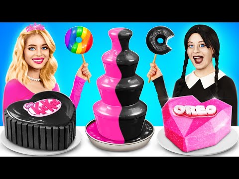 Wednesday Addams vs Barbie Food Challenge! Pink vs Black Color Battle by YUMMY JELLY