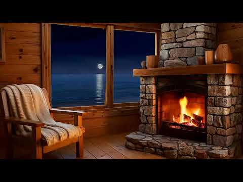 Coastal Cottage Fireplace & Moonlit Ocean Ambience (4K) — 10 Hours | Deep Sleep & Relaxing Music 🌙