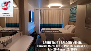 Carnival Mardi Gras | Balcony #11416 Cabin Tour | Cruise #113, Port Canaveral, FL | Jul-Aug 2025