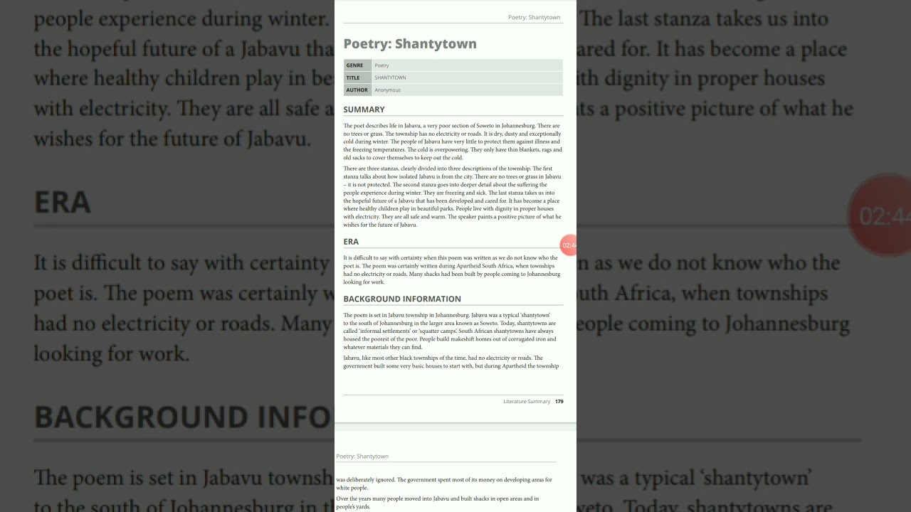 Shantytown Summary Grade 11 Poem