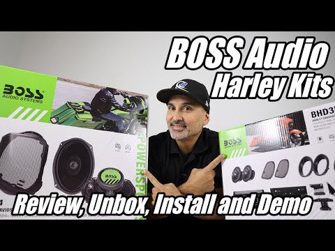 Harley Davidson Stereo kits by Boss Audio BHD14 saddlebag speaker kit & BHD3F amp + speaker package.
