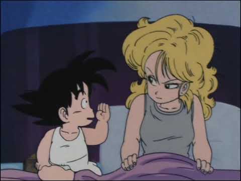 Lunch wakes up and is furious at seeing Goku sleeping with her, Roshi hides inside a drawer