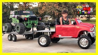 Kruz Playing with his Gooseneck Trailer Loading Powered Ride On Grave Digger Monster Truck
