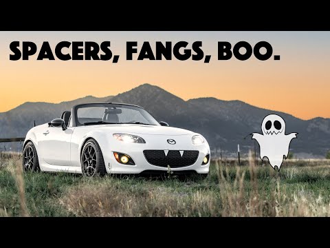 Dialing in the Miata looks! Wheel spacers for more aggressive stance, fangs for Halloween fun.