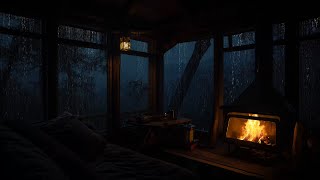 Soft Rain Forest Cabin with Warm Fireplace | Night Ambience for Stress Relief
