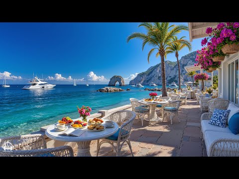 Sweet Jazz at Seaside Cafe Ambience 🌊 Positive Bossa Nova Music & Crashing Waves for Relaxation
