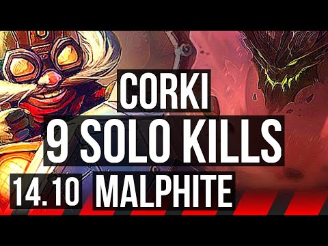 CORKI vs MALPHITE (TOP) | 9 solo kills, Rank 6 Corki, Dominating | TR Grandmaster | 14.10