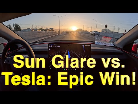 Tesla FSD 13.2.8 handles the sun's glare in San Mateo, California