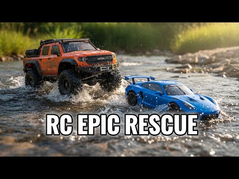 RC Off-Road Truck Saves Stranded Race Car from Raging River!