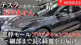 TESLA車の窓枠ブラックモールにシミが付いていませんか？TESLAモデル3にマットモールプロテクションフィルムを施工して保護しましょう。