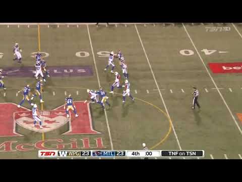 CFL 2017 Montreal and Winnipeg Kick the Ball Back and Forth 4 Times on One Play