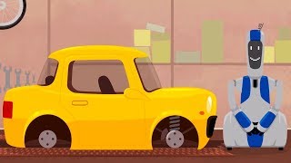 Laboratório secreto. Doutora McWheelie e um robô. Desenhos animados