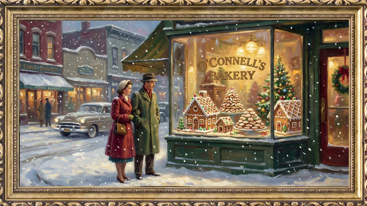 Vintage Christmas Bakery Gingerbread Window Gold Frame TV Art | 2 Hours 4K — 4K ambient art screensaver in baroque gold frame
